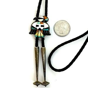 Zuni, Vintage Old Pawn 1950s Turquoise Coral MoP Jet Thunderbird Bolo Tie